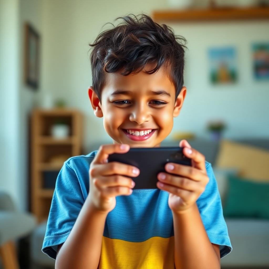 Criança sorrindo enquanto usa a Lumii no celular