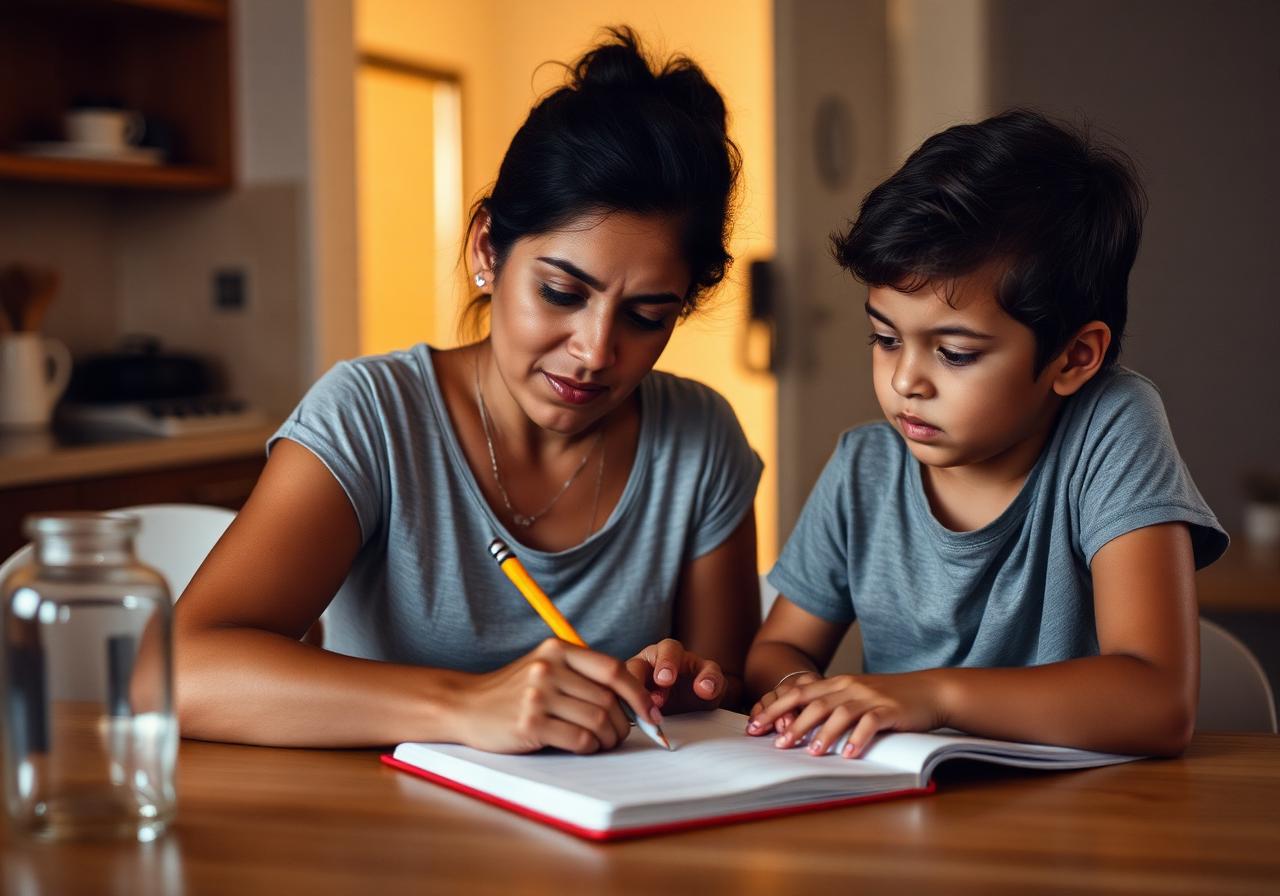 Mãe ajudando o filho na lição de tabuada em casa