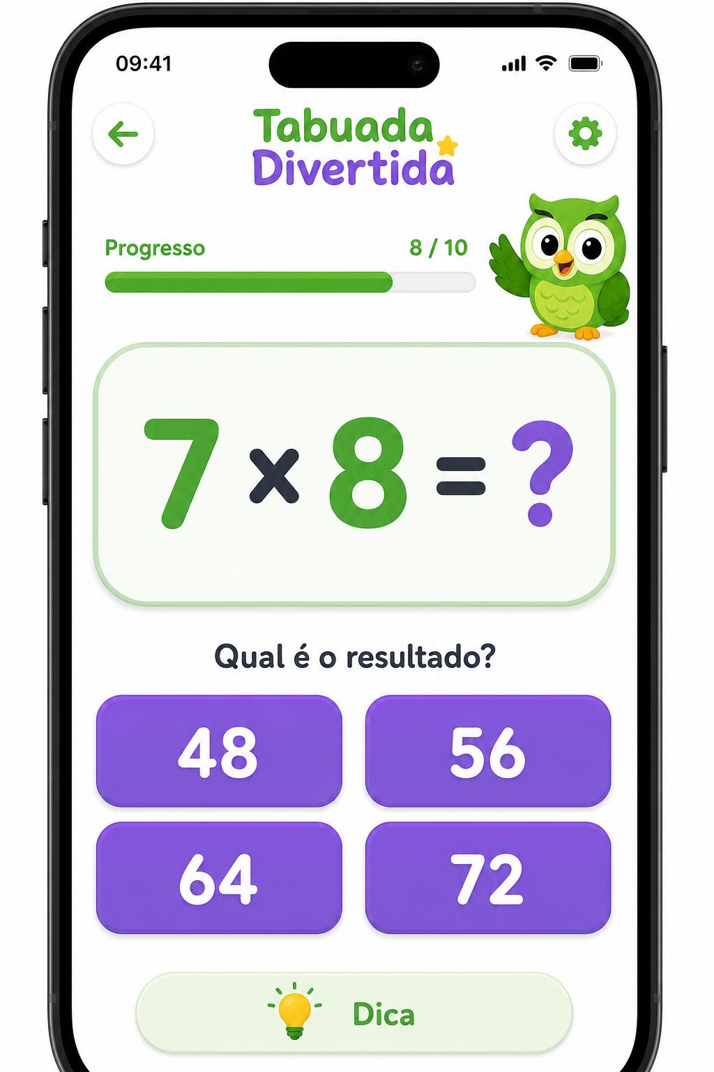 Tela de treino de tabuada do app Lumii
